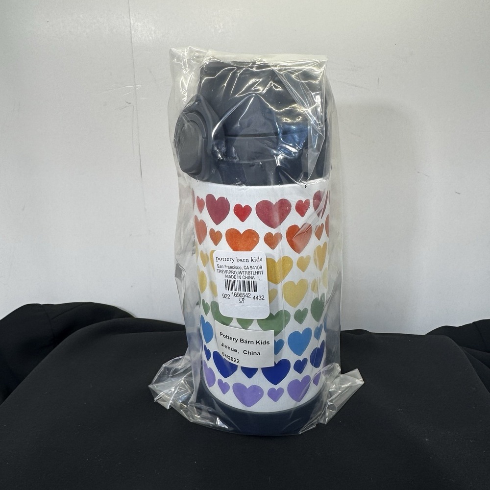 NEW Pottery Barn Kids Mackenzie Insulated Water Bottle Rainbow Hearts Navy 12 oz